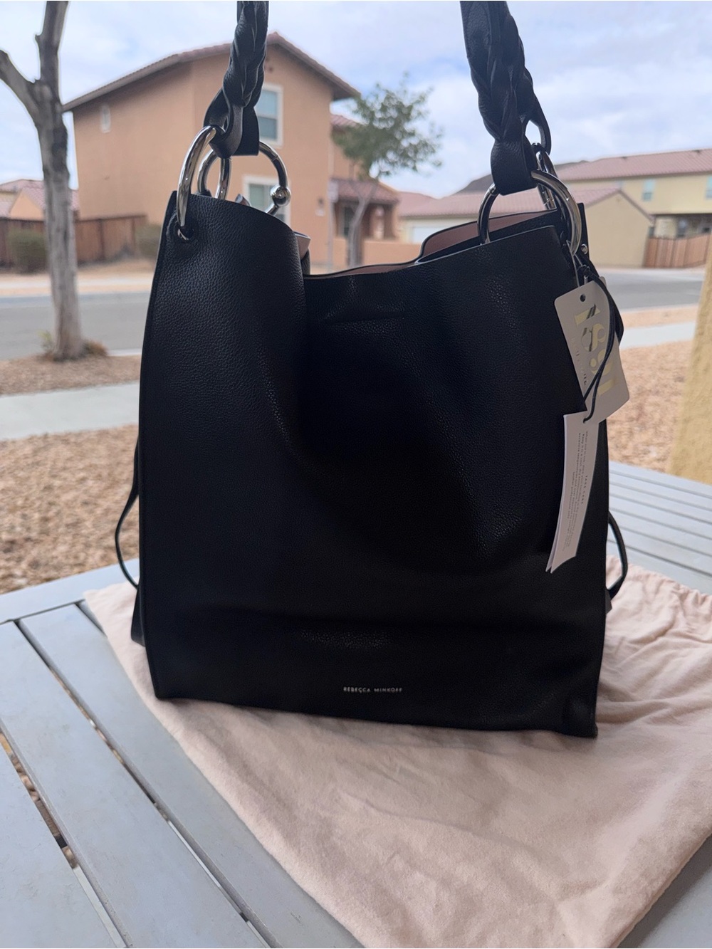 Rebecca Minkoff Black Pebbled Leather Braided-Handle Tote